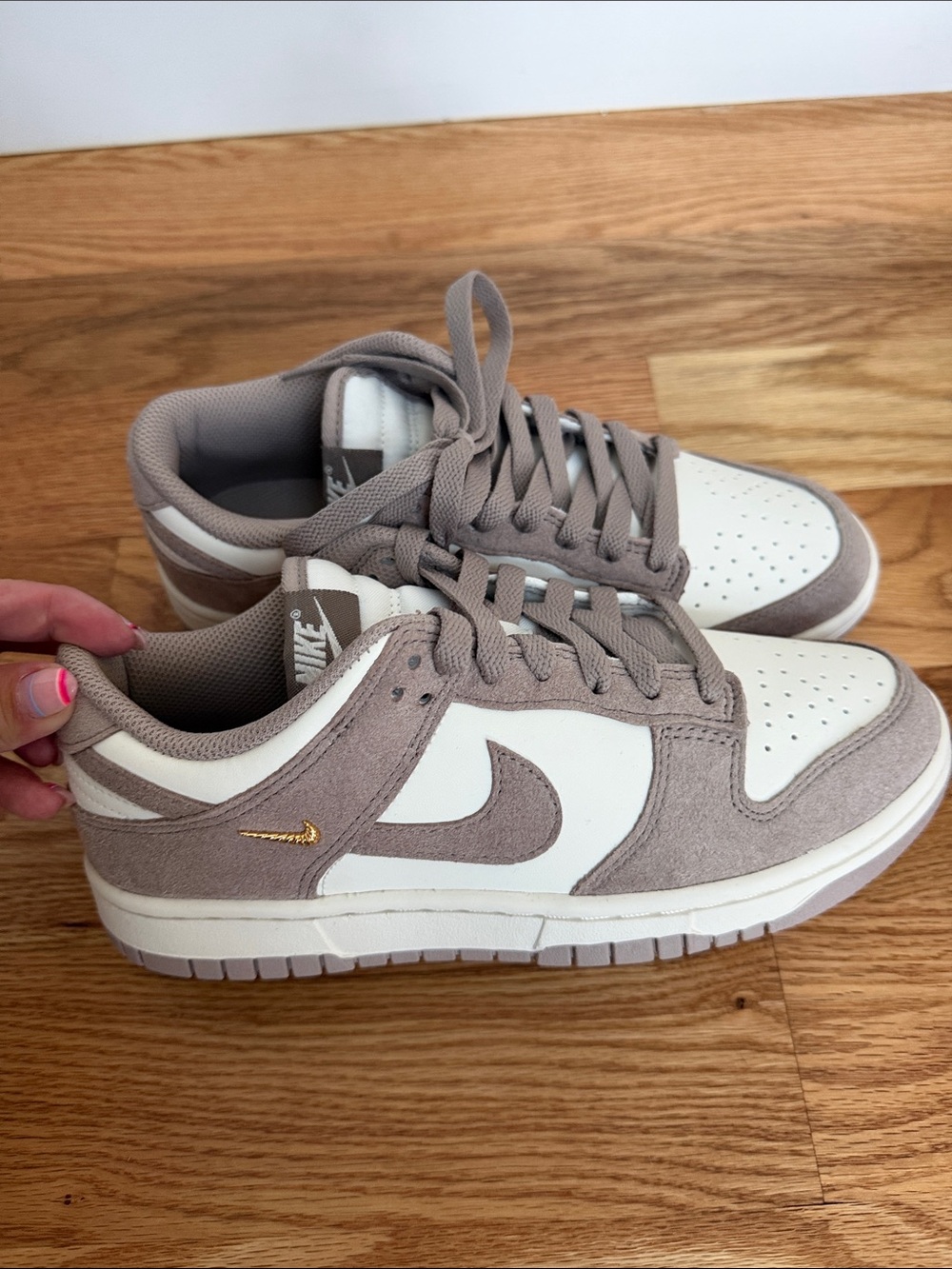 Nike Women’s Dunk Low-Top Sneakers in Taupe and White with Gold Swoosh - Picture 3 of 4
